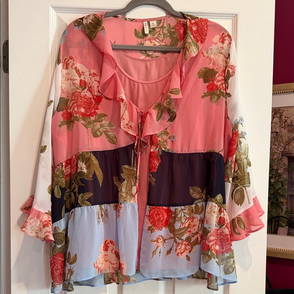 Floral Ruffle Sheer Blouse - Pink Multi  with FREE Matching Camisole